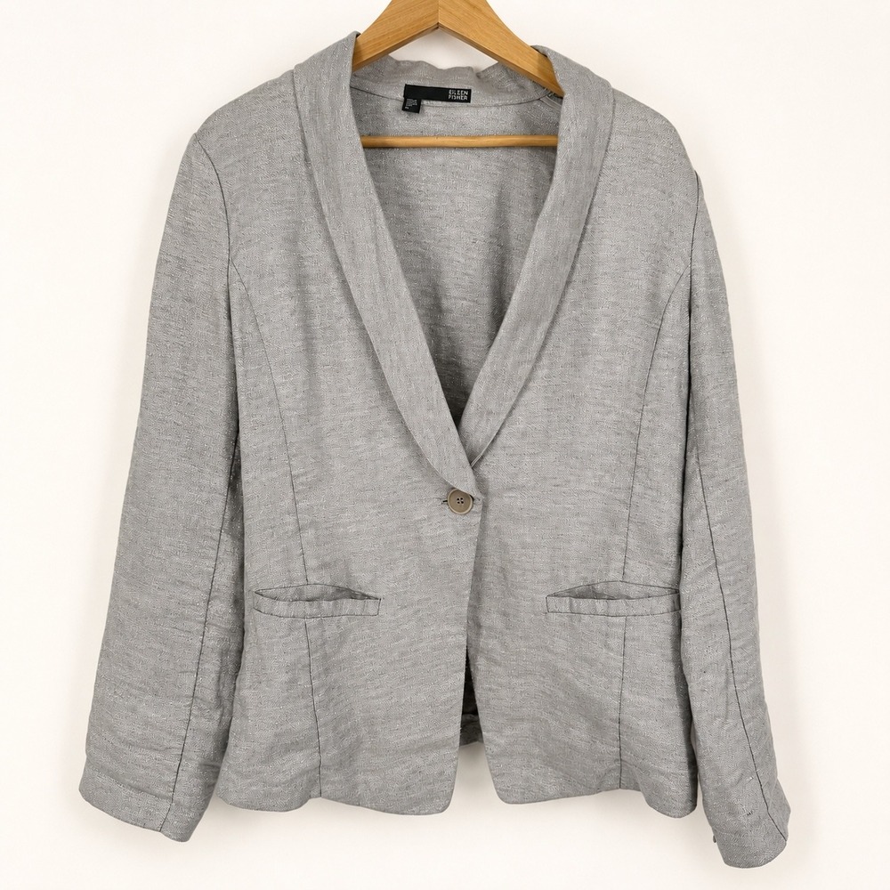Eileen Fisher Medium Blazer Metallic Silver Twinkle Linen Blend Lagenlook Career